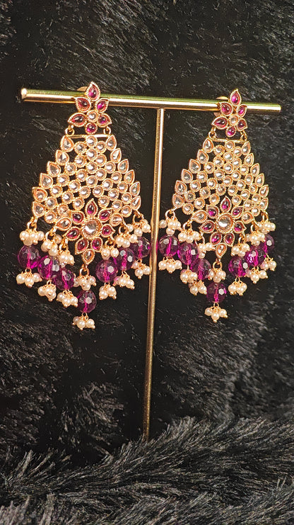 Kundan Chandbali Earrings with Rich Magenta Beads & Pearl Detailing