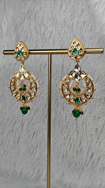 Emerald Teardrop Kundan Chandbalis with Pearl Detailing