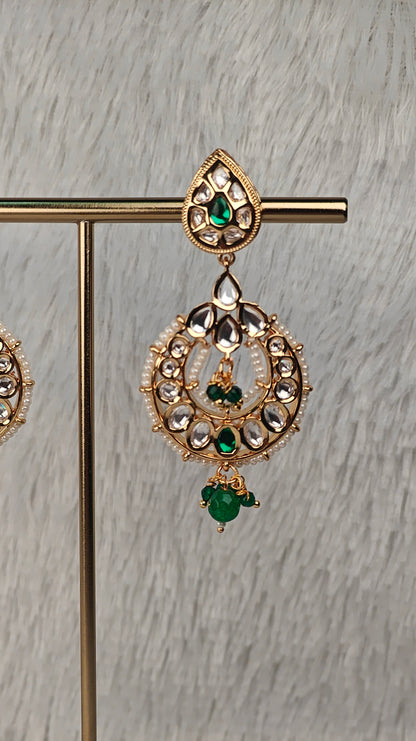 Emerald Teardrop Kundan Chandbalis with Pearl Detailing