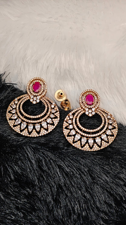Ruby Pink Oval Studded CZ Circle Earrings