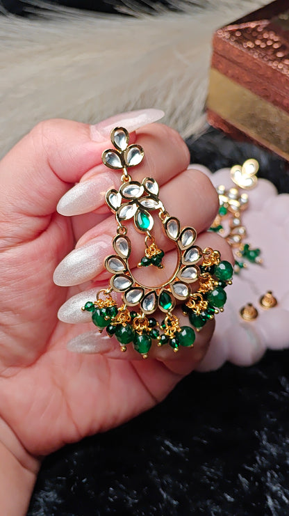 Kundan & Green Beaded Chandbali Earrings