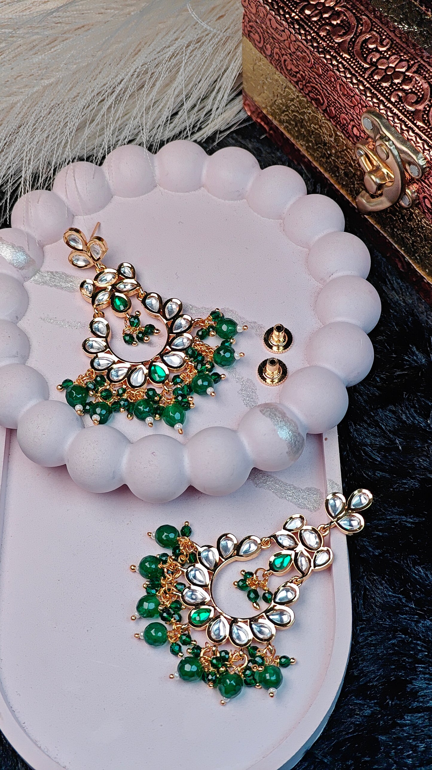 Kundan & Green Beaded Chandbali Earrings