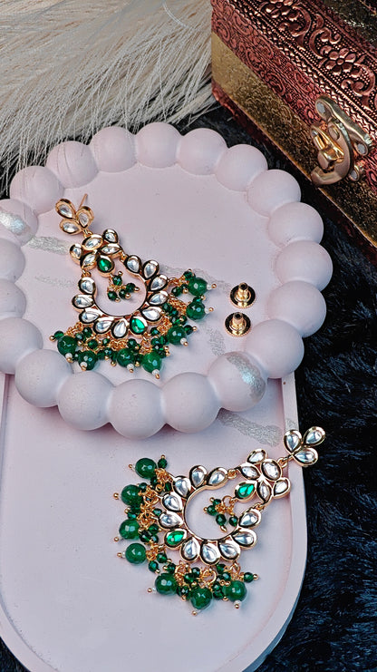 Kundan & Green Beaded Chandbali Earrings