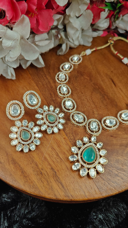 Green Teardrop Kundan Necklace Set with Mirror-Polished Uncut Stones