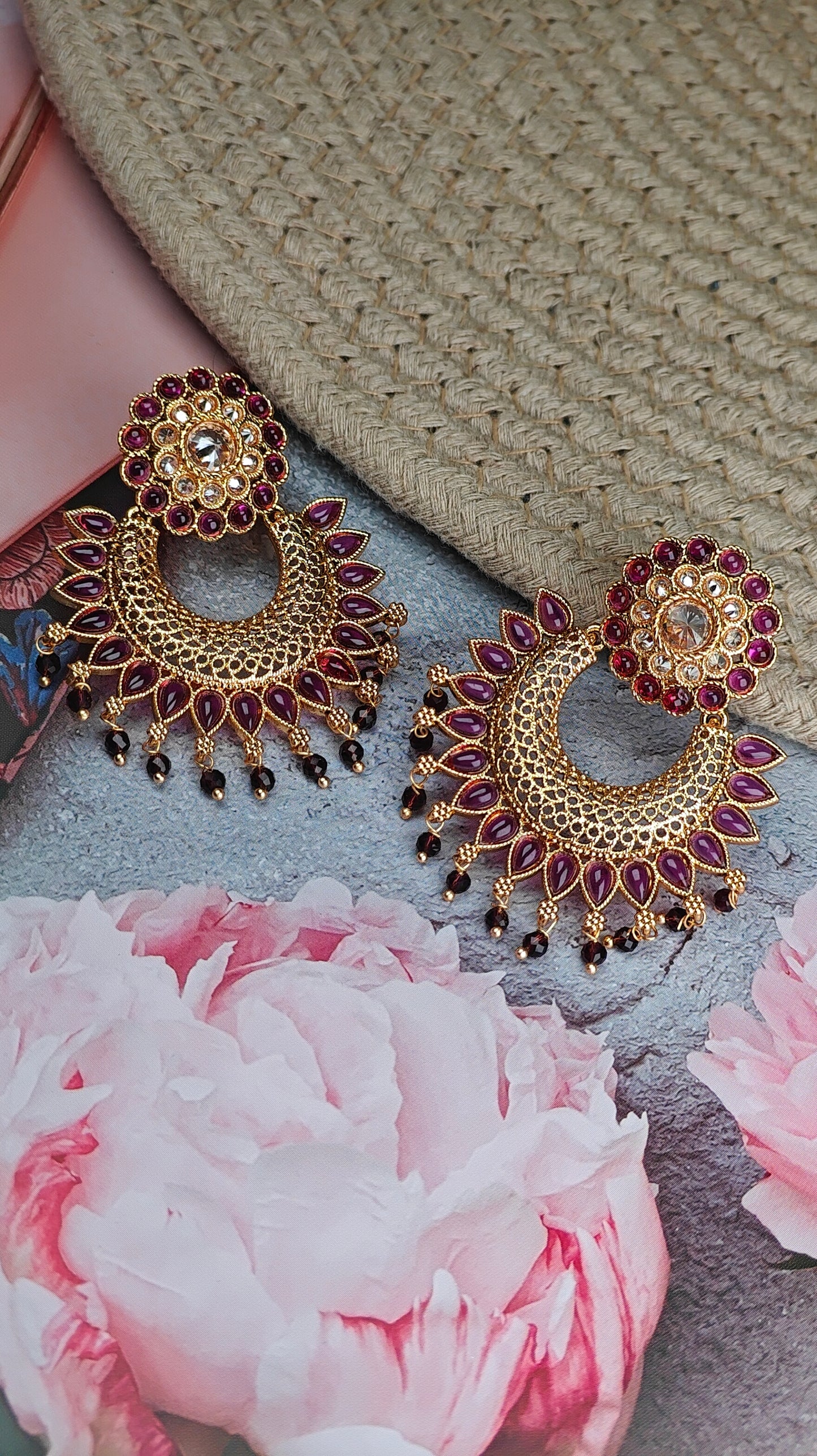Heritage Crescent Earrings with Ruby Pink Stones