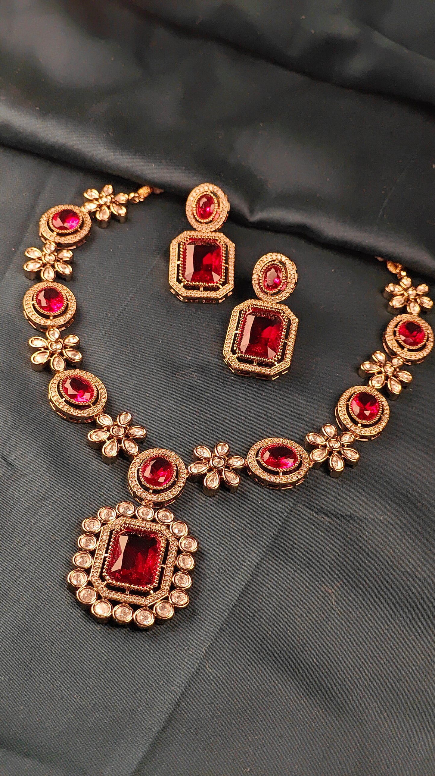 Royal Red Ruby Bridal Necklace Set with Earrings