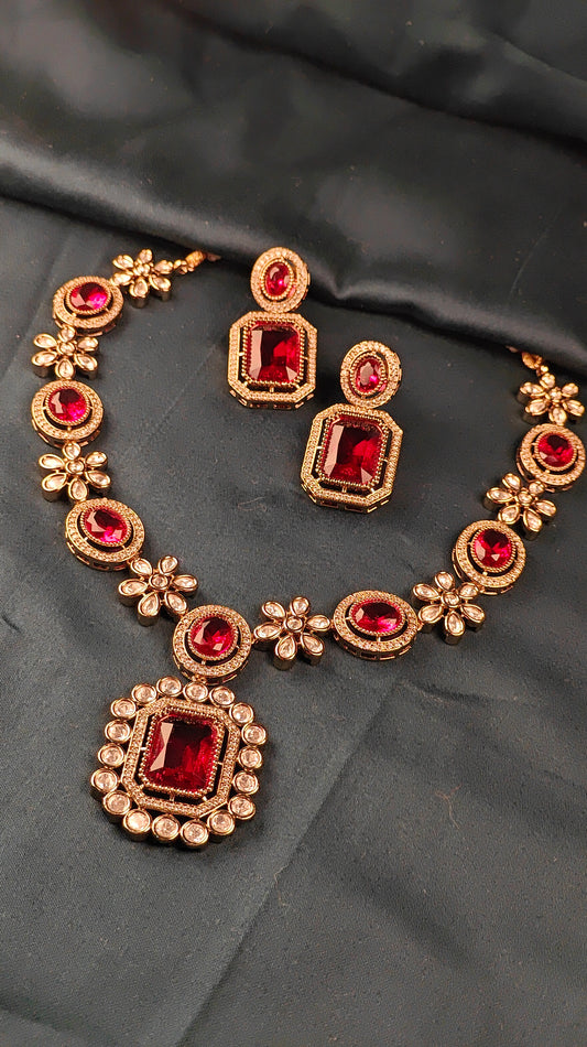 Royal Red Ruby Bridal Necklace Set with Earrings