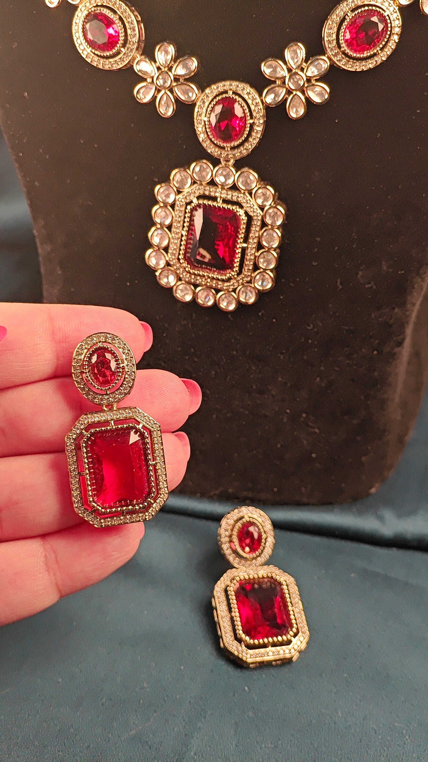 Royal Red Ruby Bridal Necklace Set with Earrings