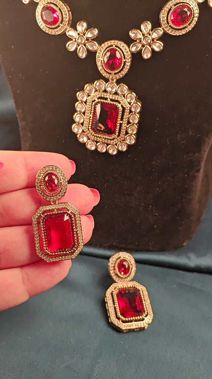 Royal Red Ruby Bridal Necklace Set with Earrings