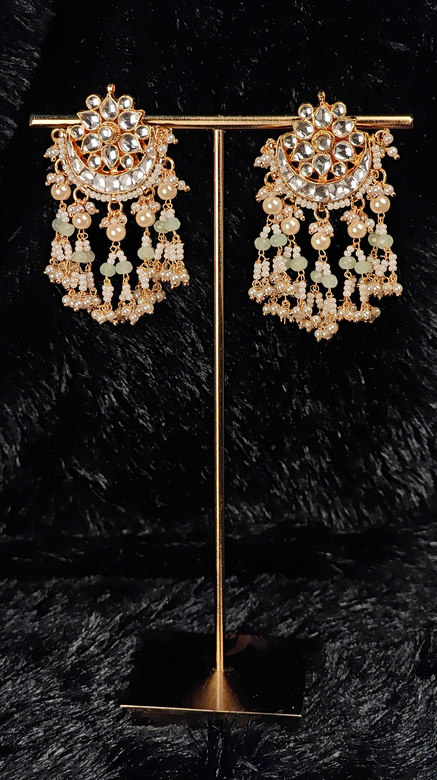 Floral Crescent Kundan Jhumka Earrings with Mint Green Beads & Pearl Tassels