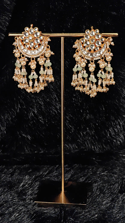 Floral Crescent Kundan Jhumka Earrings with Mint Green Beads & Pearl Tassels