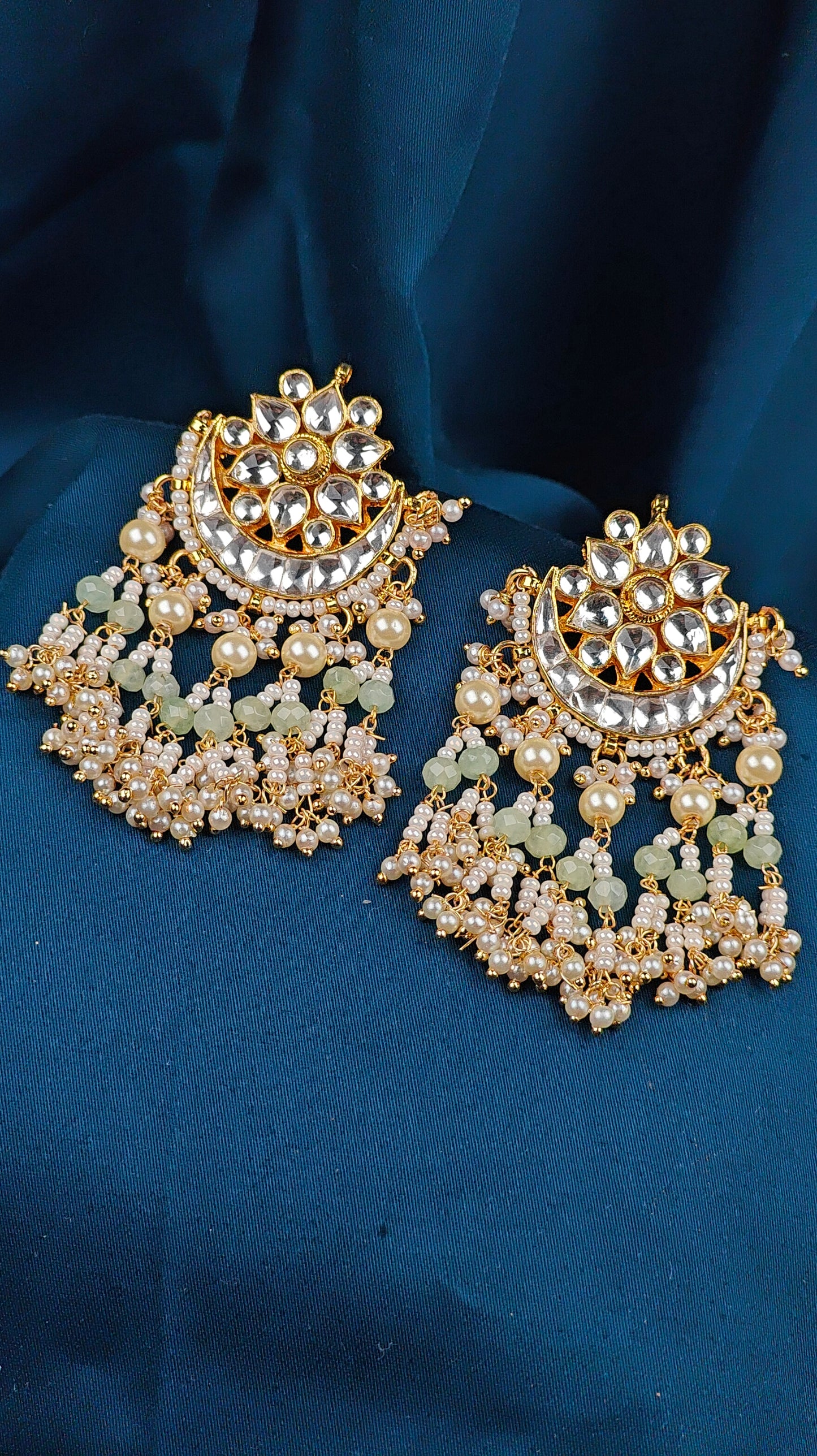 Floral Crescent Kundan Jhumka Earrings with Mint Green Beads & Pearl Tassels