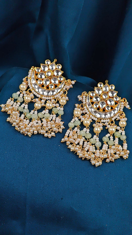 Floral Crescent Kundan Jhumka Earrings with Mint Green Beads & Pearl Tassels