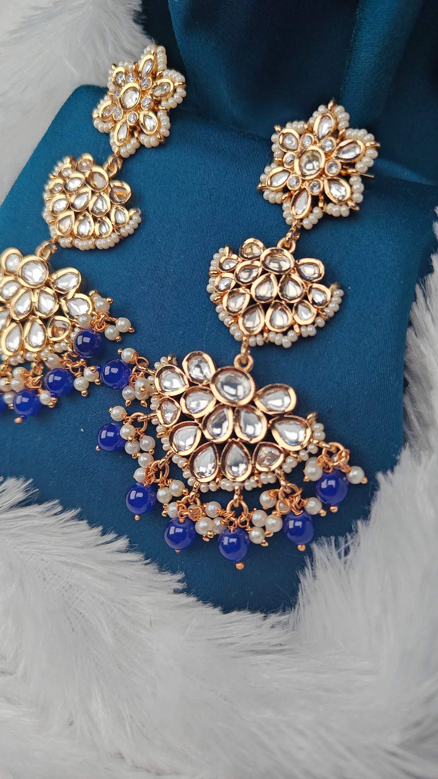 Royal Blue Kundan Chandbali Earrings with Triple Floral Motifs & Pearl Bead Tassels