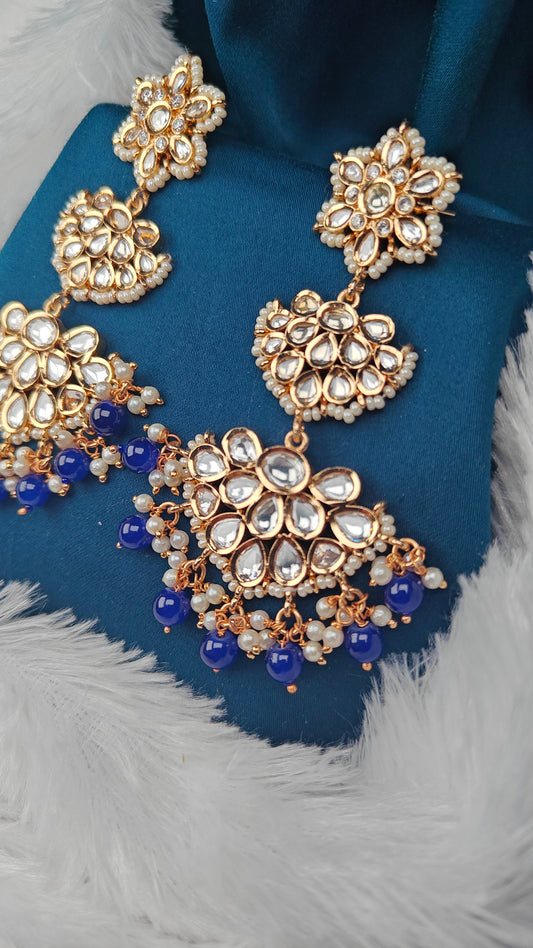 Royal Blue Kundan Chandbali Earrings with Triple Floral Motifs & Pearl Bead Tassels