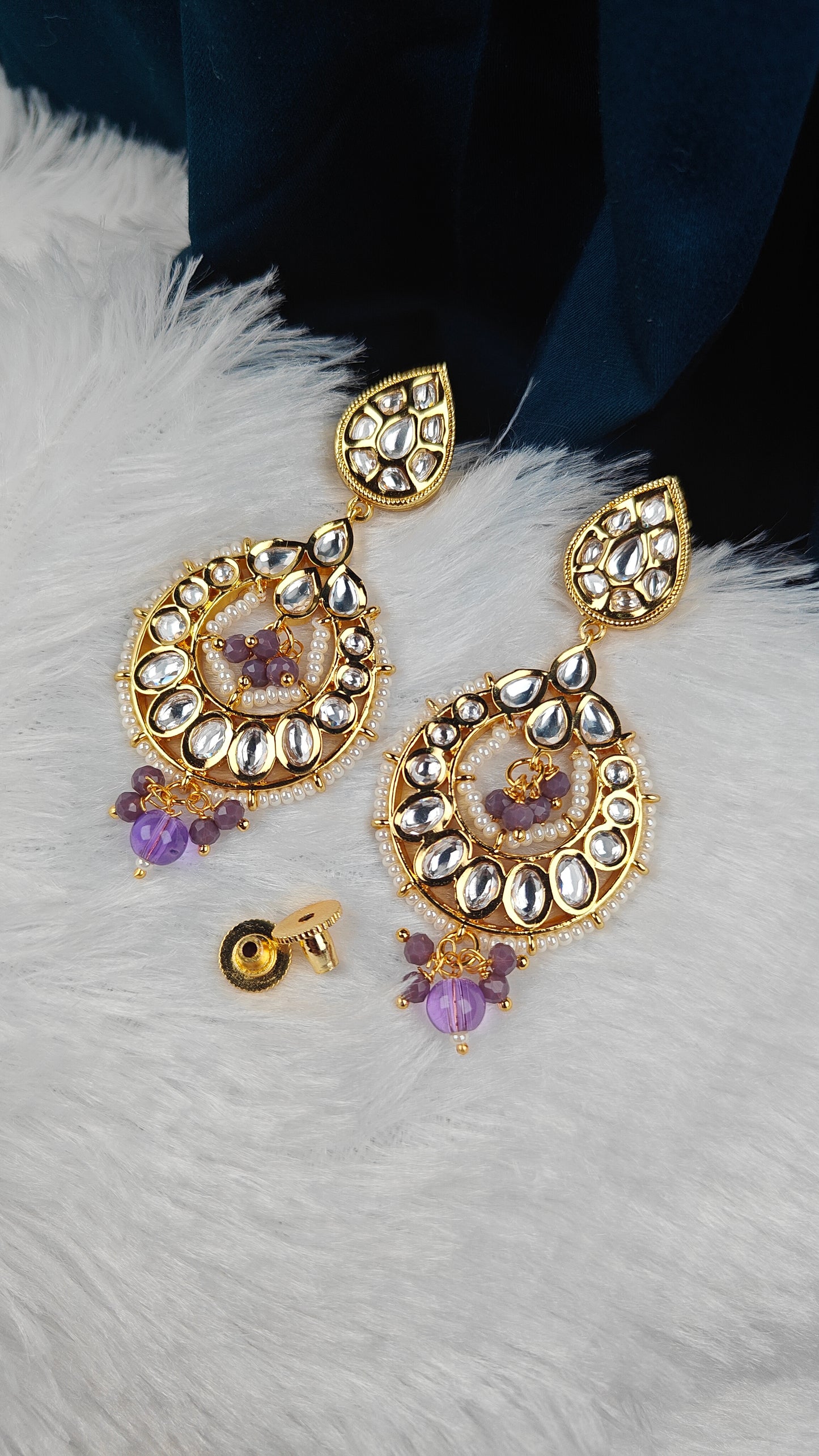 Lavender Drop Kundan Hoop Earrings with Pearl Halo