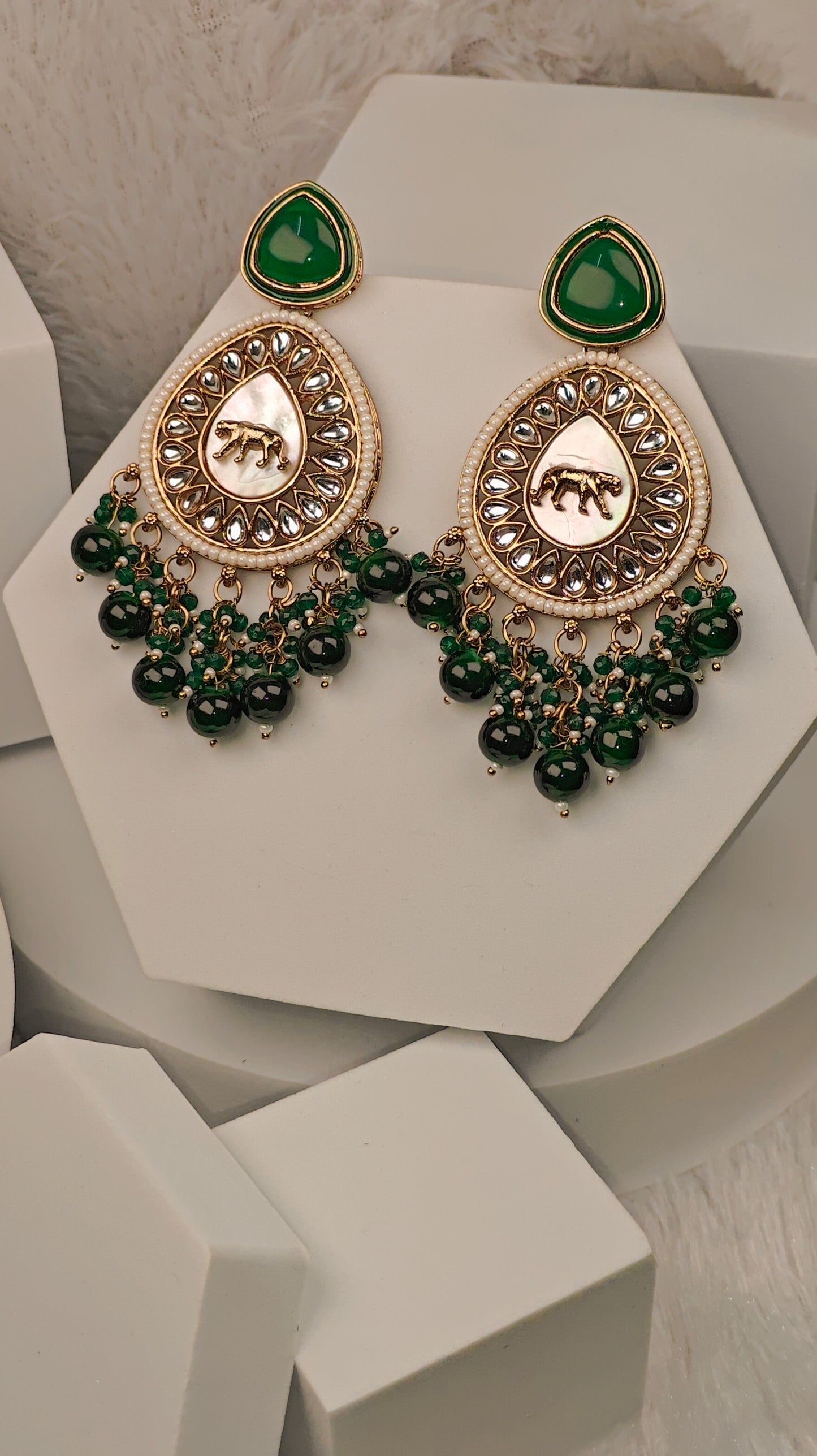 Regal Green Enamel Teardrop Earrings with Tiger Motif