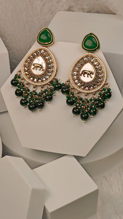 Regal Green Enamel Teardrop Earrings with Tiger Motif