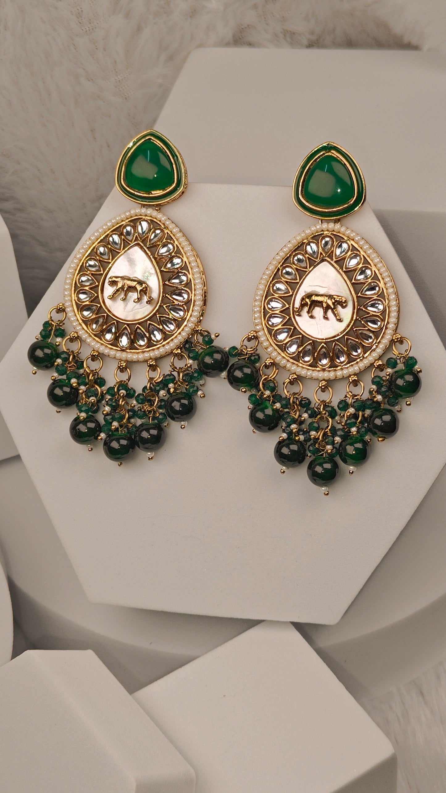 Regal Green Enamel Teardrop Earrings with Tiger Motif