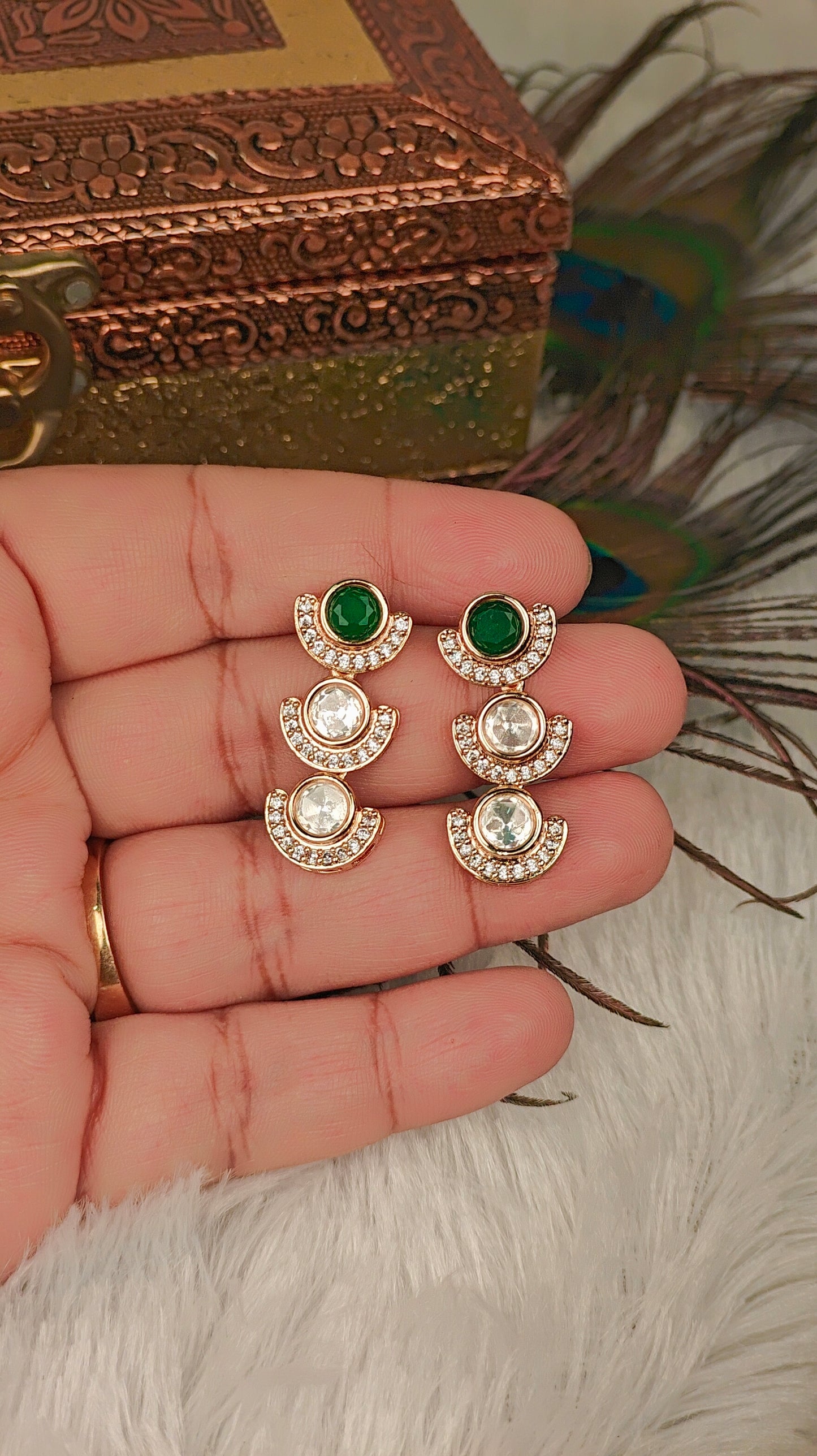 Modern Emerald & Zircon Studded Minimal Drop Earrings