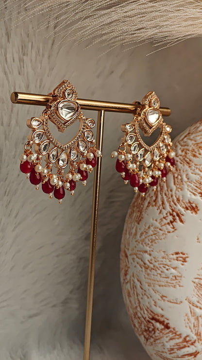 Royal Chandbali Earrings with Red Drops & Kundan Detailing
