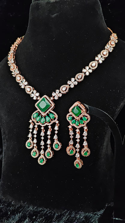 Emerald Green & CZ Rose Gold Necklace Set