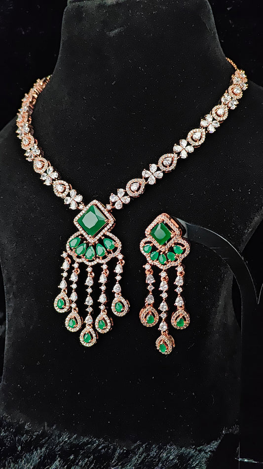 Emerald Green & CZ Rose Gold Necklace Set