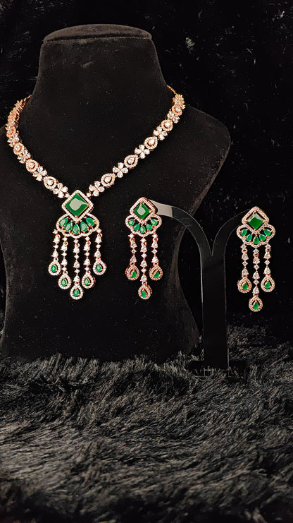 Emerald Green & CZ Rose Gold Necklace Set