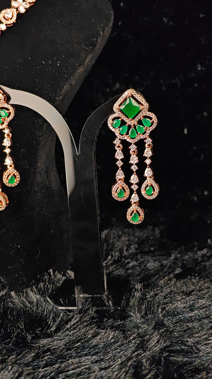 Emerald Green & CZ Rose Gold Necklace Set
