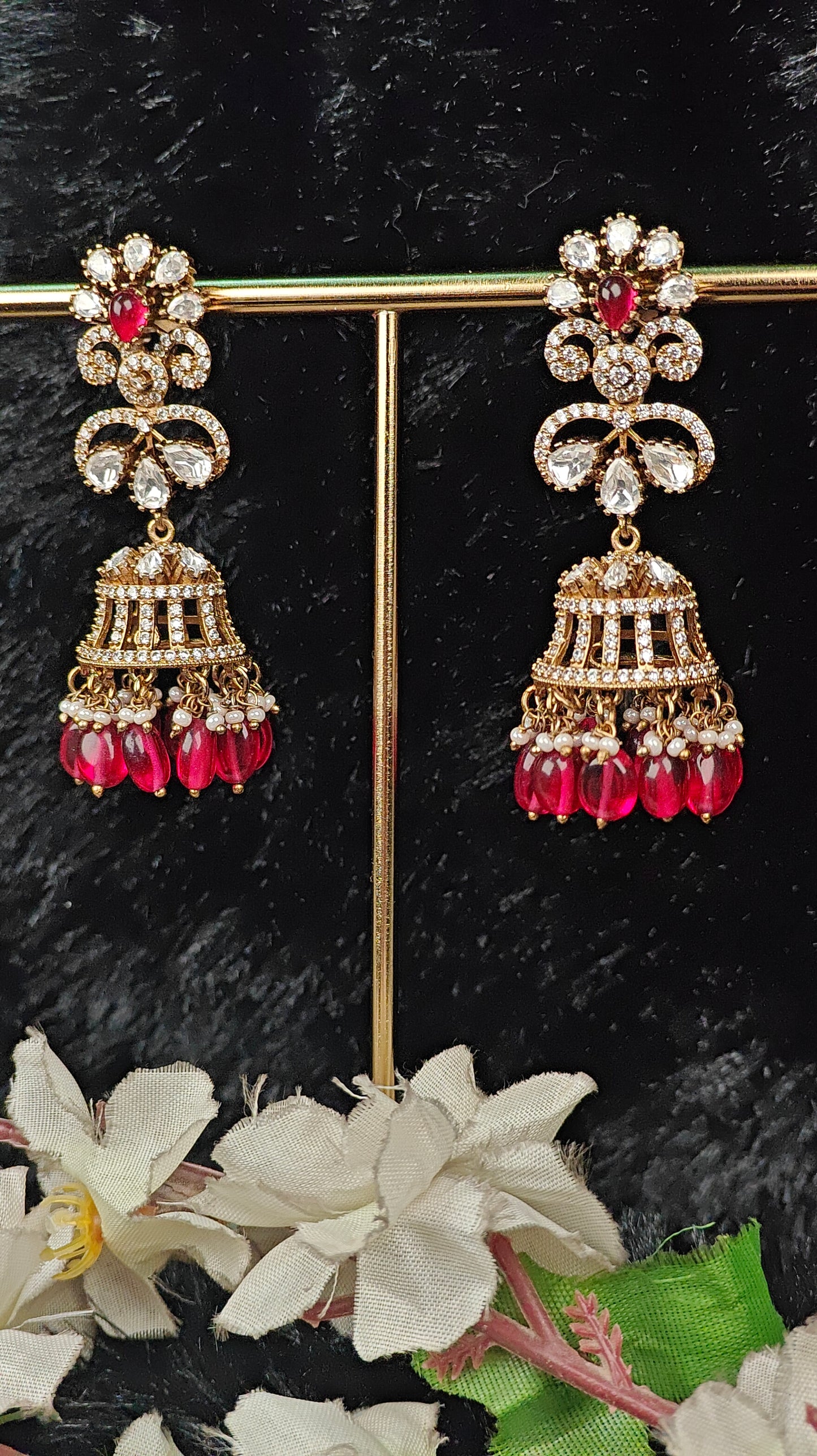 Ruby Red Stone Jhumka Earrings with Kundan & Pearl Detailing