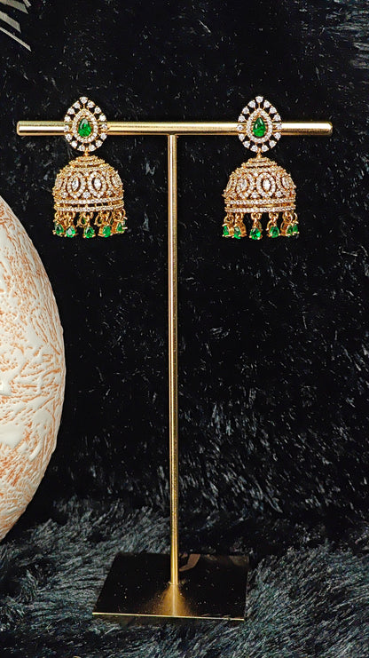 Royal Green Stone Kundan Jhumka Earrings