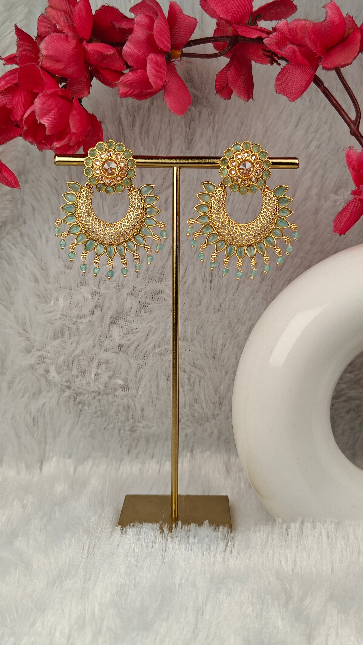 Mint Green Meenakari Chandbali Earrings