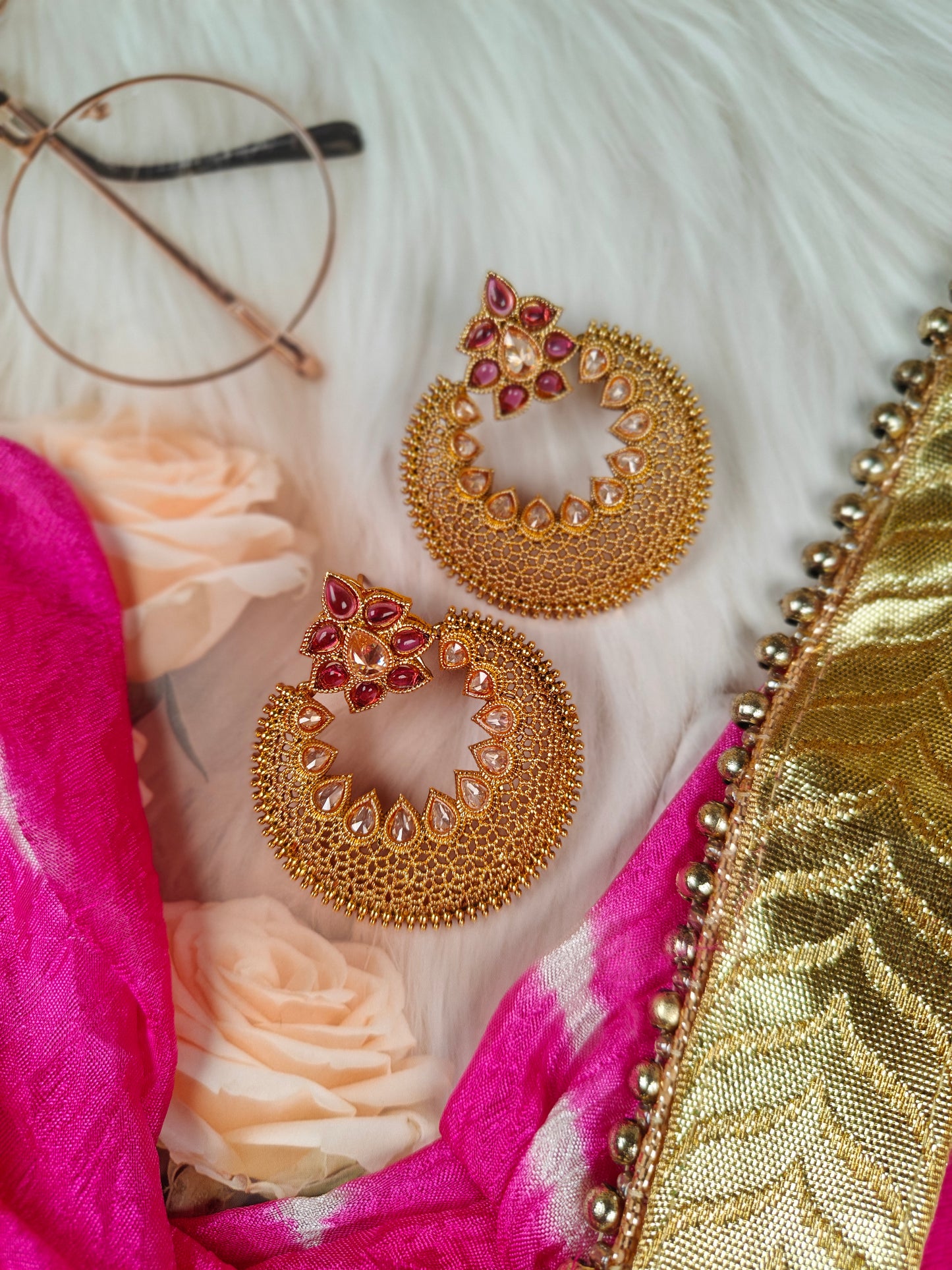 Antique Gold Plated Round Earrings with Ruby Pink Stones