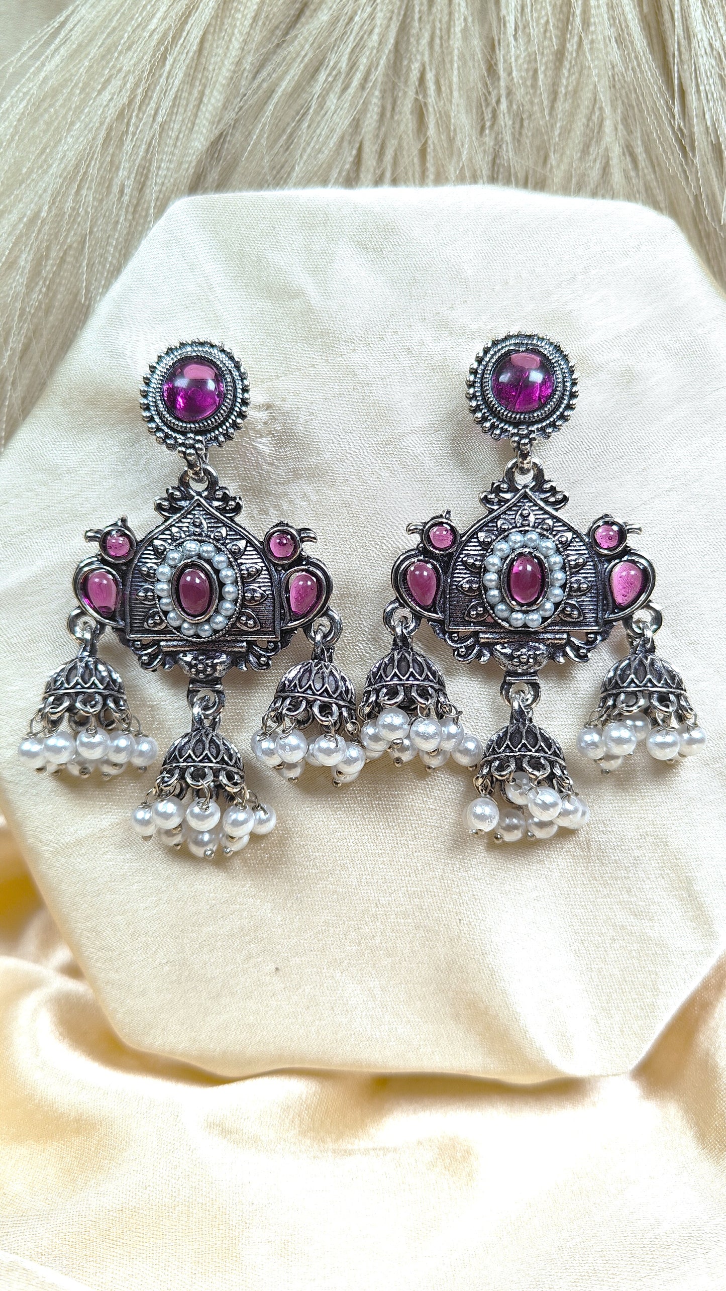 Magenta royal oxidised jhumka earrings