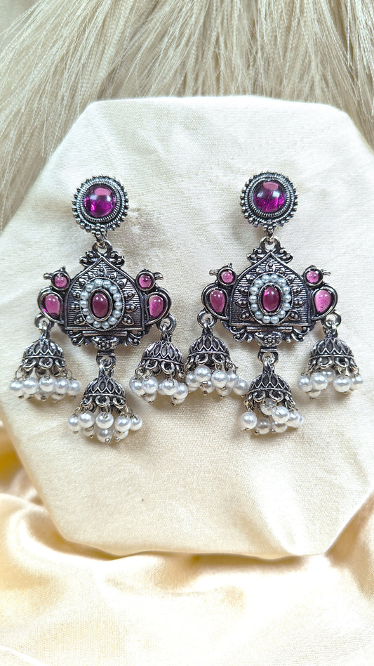 Magenta royal oxidised jhumka earrings