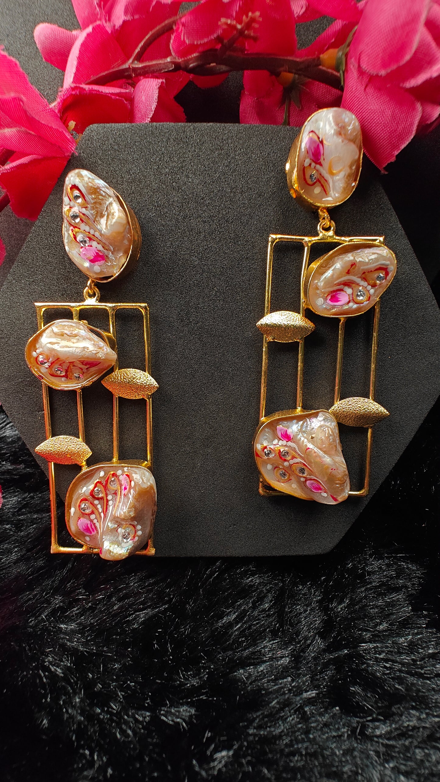 Artistic Drop Long Earrings With Gold Frame