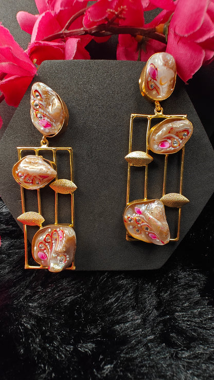 Artistic Drop Long Earrings With Gold Frame
