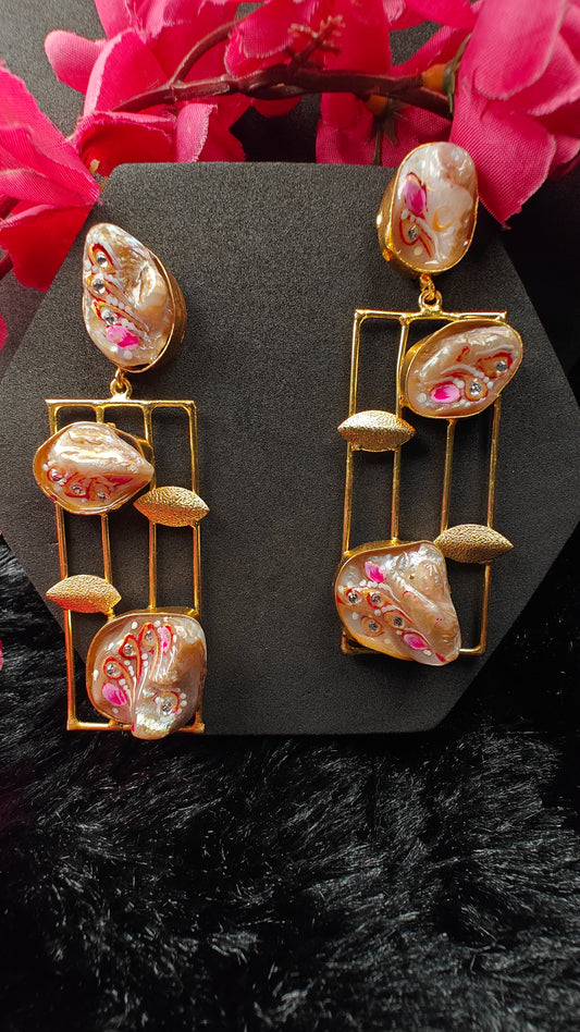 Artistic Drop Long Earrings With Gold Frame