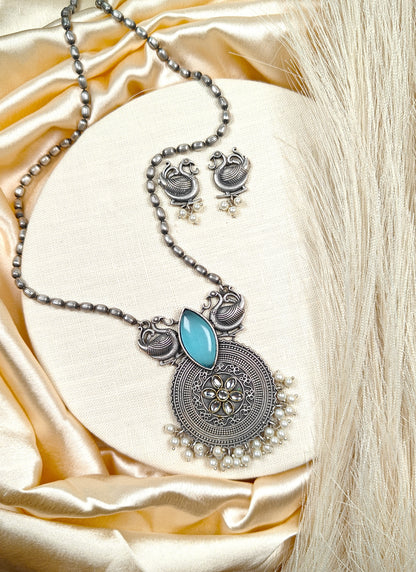 Oxidized Silver Peacock Necklace Set With Blue Stone & Pearl Drops