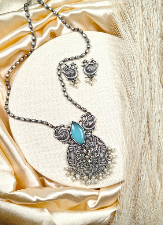 Oxidized Silver Peacock Necklace Set With Blue Stone & Pearl Drops
