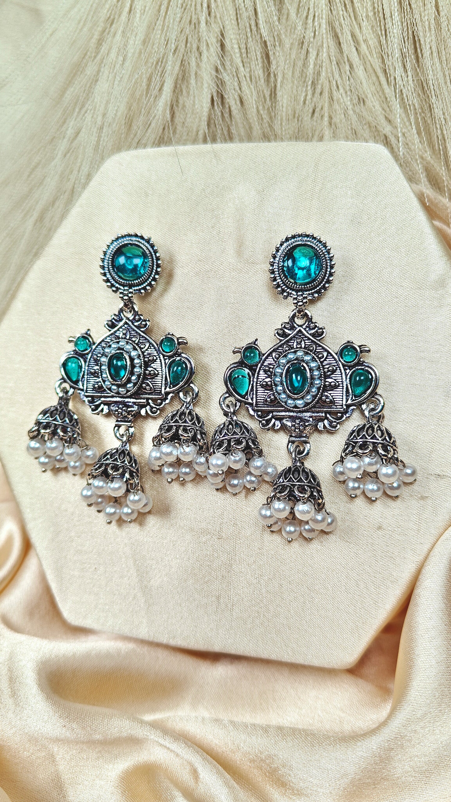 Emerald ocean blue oxidised jhumka earrings