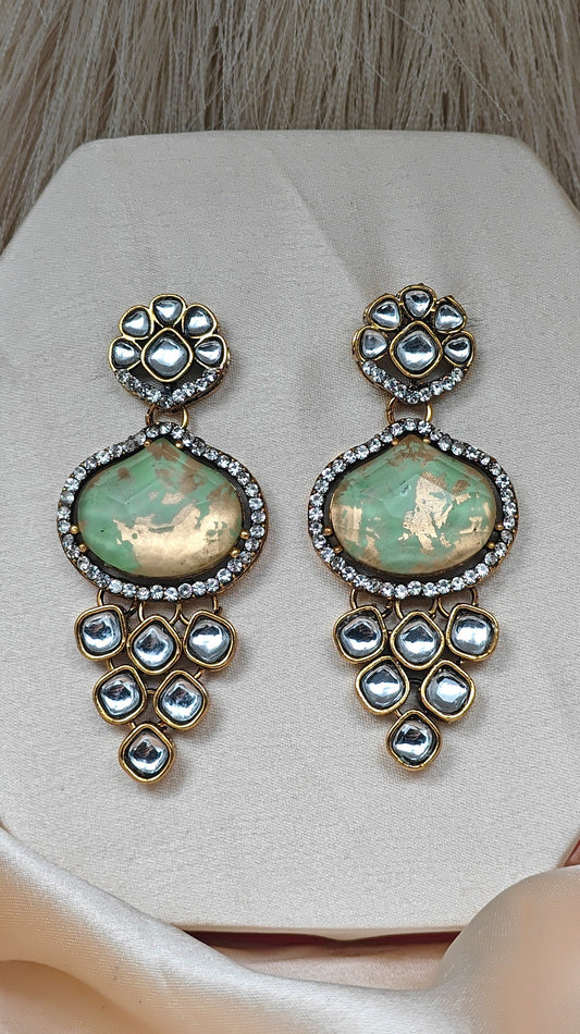 Elegant Green Stone Kundan Drop Earrings