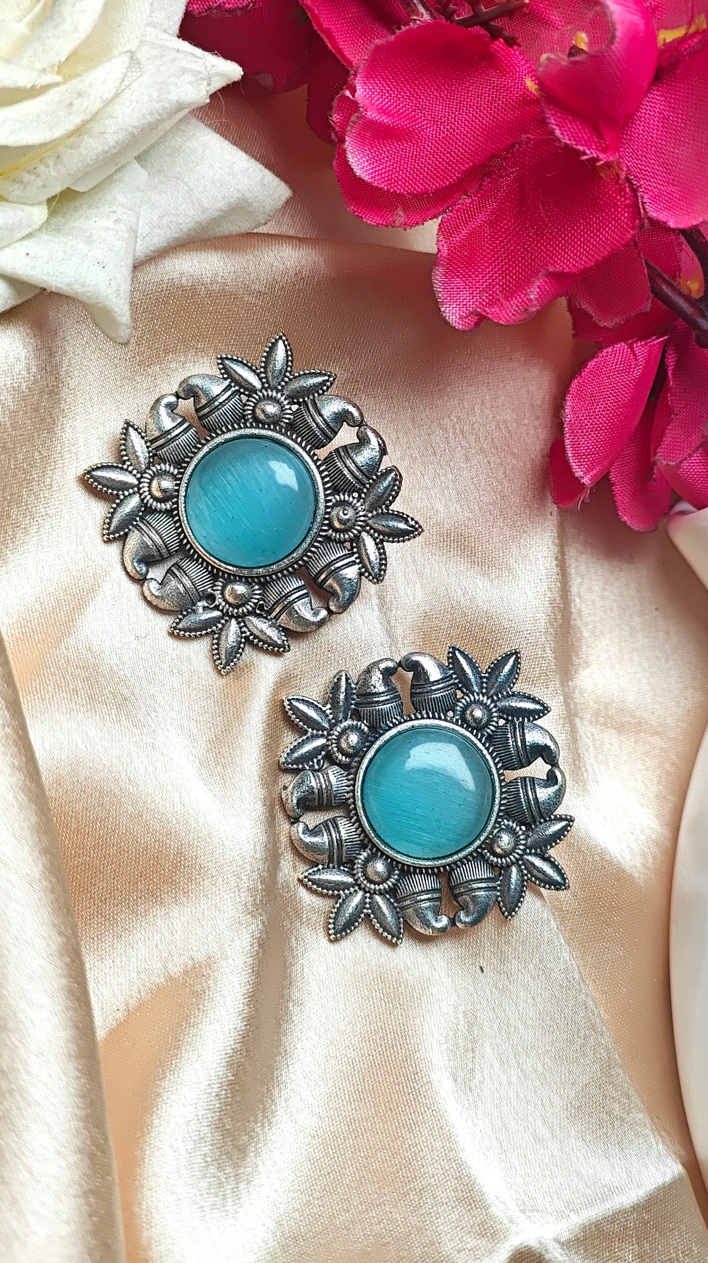 Aqua Bloom Oxidised Stud Earrings