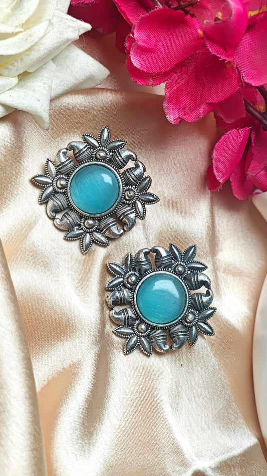 Aqua Bloom Oxidised Stud Earrings
