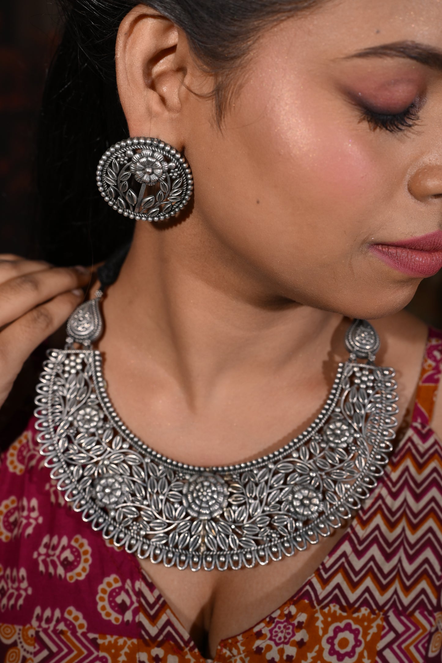 Floral Oxidised Necklace Set