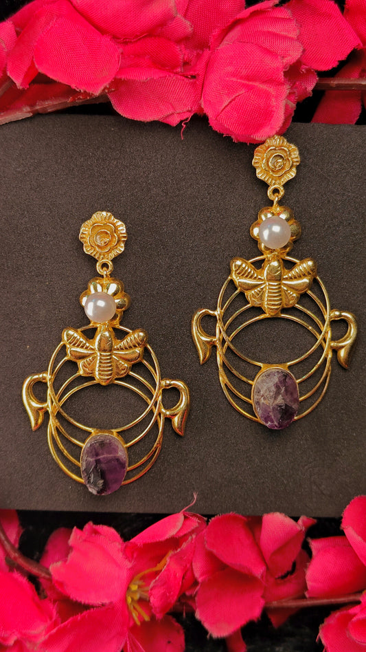 Golden Bee Amethyst Drop Earrings