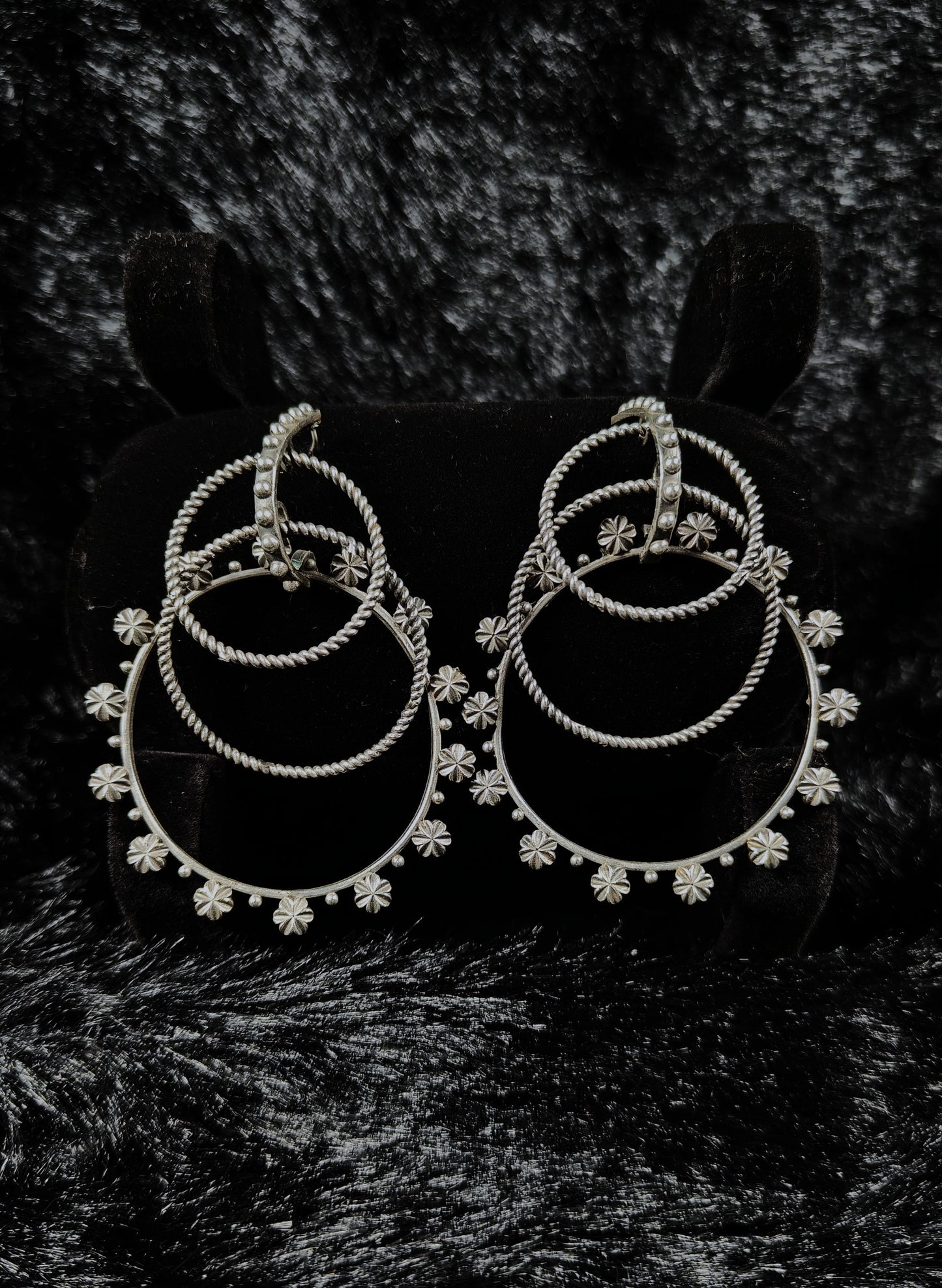 Antique Silver Triple Hoop Oxidised Earrings