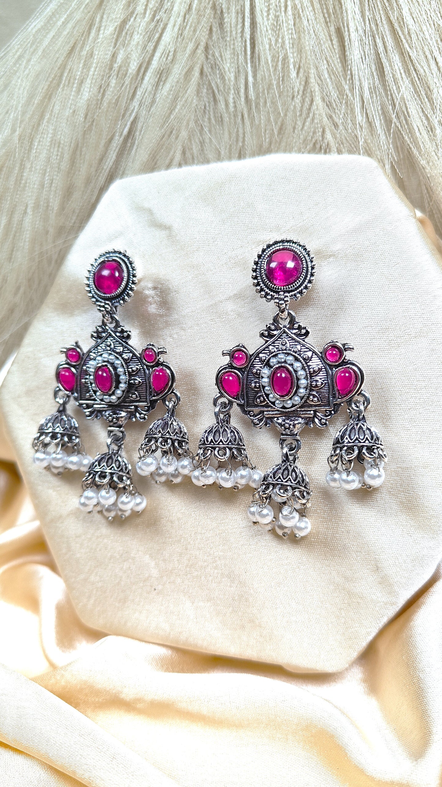 Pink rani oxidised jhumka earrings