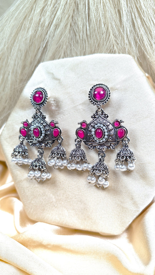 Pink rani oxidised jhumka earrings