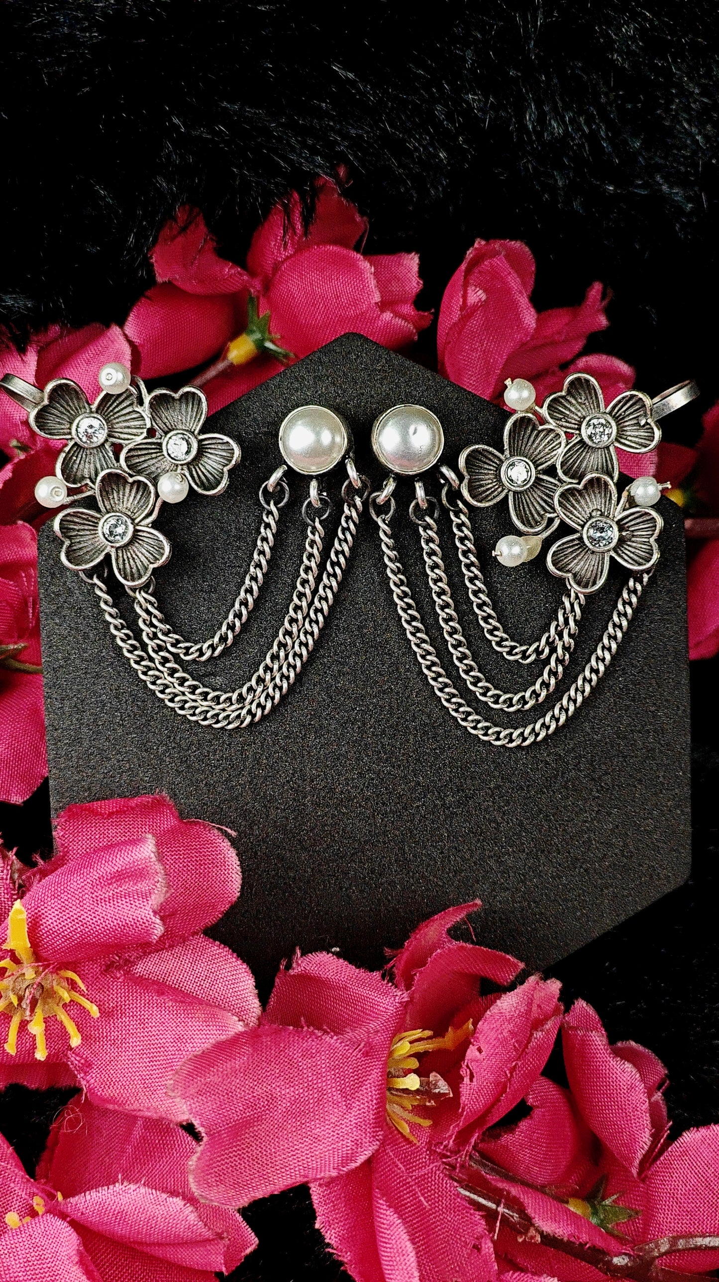 Oxidized Silver Floral Chain Ear Cuffs With Pearls